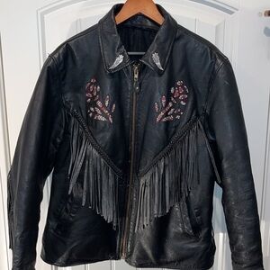 Black leather motorcycle riding jacket coat fringe bling rose details size xl